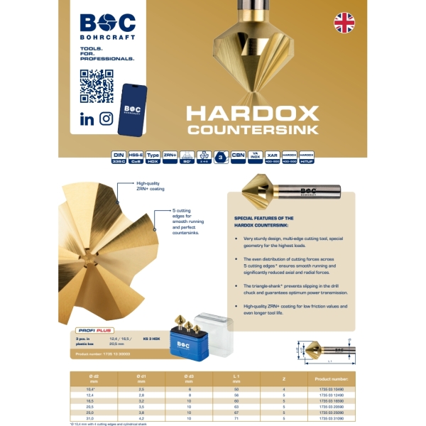 Pogłębiacz 90° fi 20,5 mm HSS-E Co8 powłoka ZrN DIN 335C typ HDX, 5 ostrzy, uchwyt 3-fazowany Bohrcraft (17350320590)