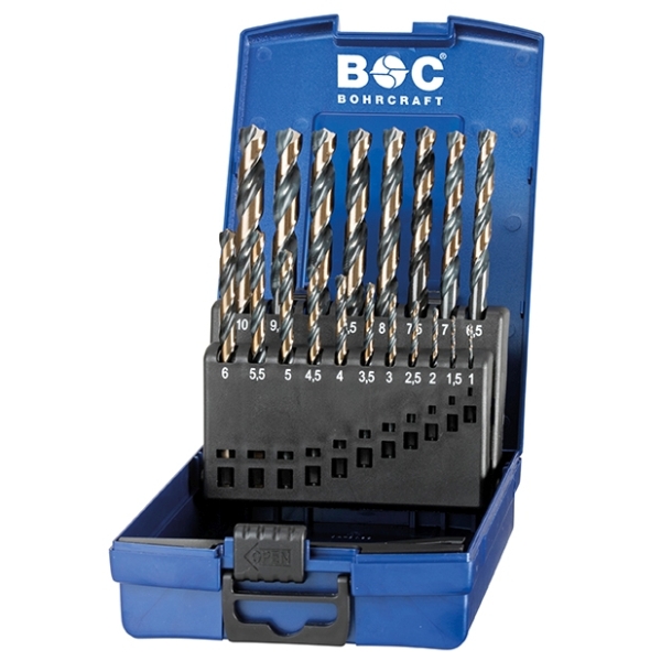 Zestaw wierteł 19-szt. 1,0 - 10,0 x 0,5 mm do metalu, HSS-G, DIN 338, TURBO, 5xD, typ N, Split Point Bohrcraft Profi-Basic (12011330019)