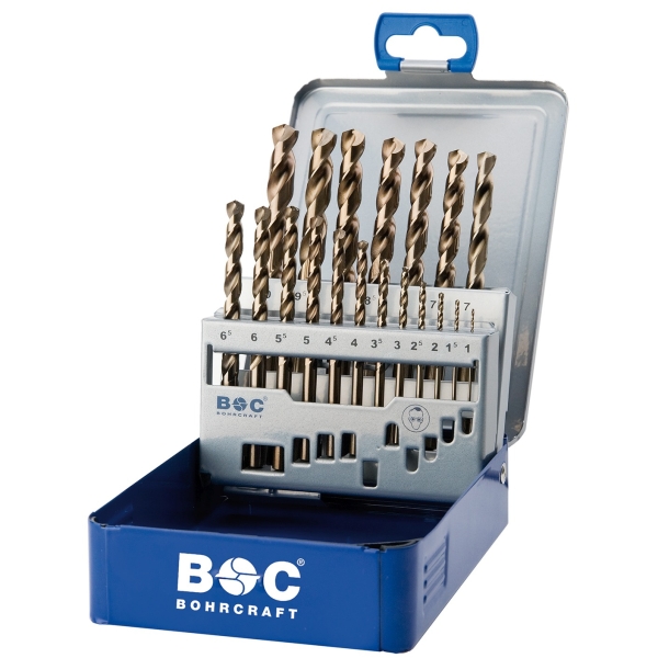 Zestaw wierteł 19-szt. 1,0 - 10,0 x 0,5 mm, HSS-E Co5, DIN 338, kąt 130°, 5xD, typ VA, Split Point, ME 10 Ti Bohrcraft Profi-Plus (11411410019)