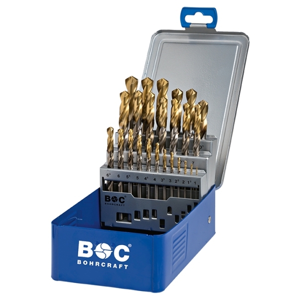 Zestaw wierteł 25-szt. 1,0 - 13,0 x 0,5 mm, HSS-TiN, DIN 338, kąt 118°, 5xD, typ N-TP, MG 13 TiN-Point Bohrcraft Profi-Plus (11241310025)