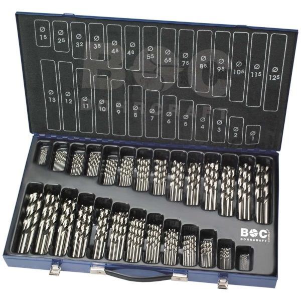 Wiertła do metalu HSS-G, 220-szt. 1,0 - 13,0 x 0,5 + 3,3 + 4,2 mm MG220, DIN 338, kąt 118°, 5xD, typ N, Split Point Bohrcraft (11201420220)