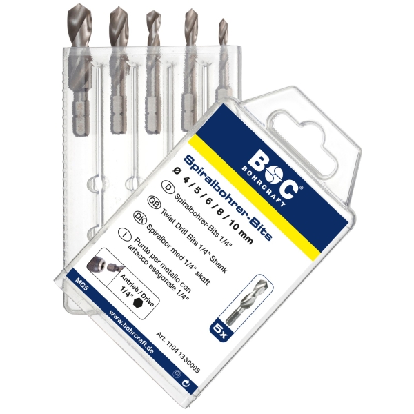 Zestaw wierteł do metalu HSS-G, 5-szt.. 4- 5-6-8-10 mm MG5-bit uchwyt 1/4", DIN 338, kąt 118°, 2xD, typ N 1104 (11041330005)