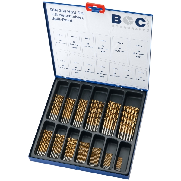 Wiertła do metalu HSS-TiN, 130-szt. 1,0 - 6,0 x 0,5 + 3,3 + 4,2 mm MT130, DIN 338, kąt 118°, 5xD, typ N, Split Point Bohrcraft (11301310130) Wiertła do metalu HSS-TiN, 130-szt. 1,0 - 6,0 x 0,5 + 3,3 + 4,2 mm MT130, DIN 338, kąt 118°, 5xD, typ N, Split Point Bohrcraft (11301310130)
