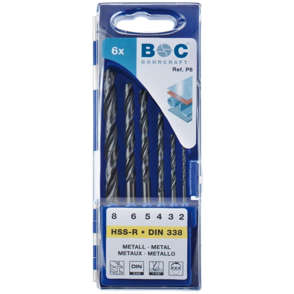 Wiertła do metalu HSS-R, 6-szt. 2,0 - 8,0 mm, P6, DIN 338, kąt 118°, 5xD, typ N Bohrcraft (11001430006)