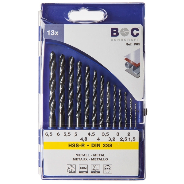 Wiertła do metalu HSS-R, 13-szt. 1,5 - 6,5 x 0,5 mm + 3,2 + 4,8 mm, P65, DIN 338, kąt 118°, 5xD, typ N Bohrcraft (11001430013)
