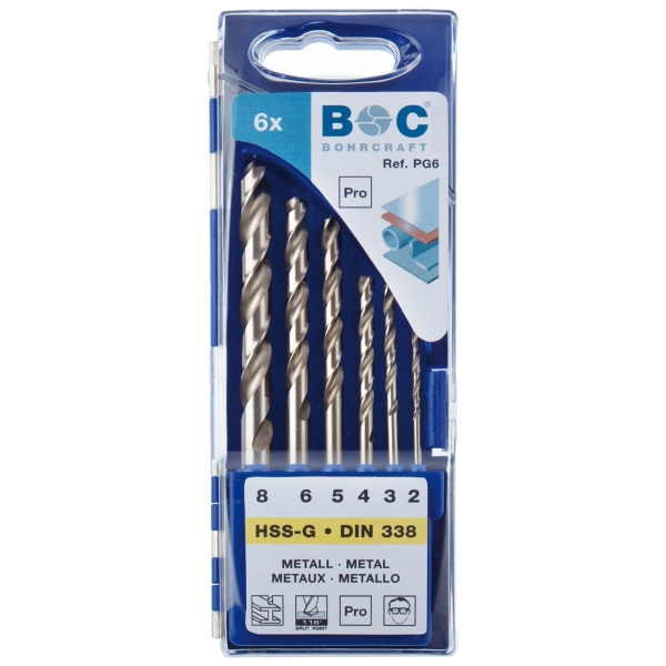 Wiertła do metalu HSS-G, 6-szt. 2,0 - 8,0 x 1,0 mm PG6, DIN 338, kąt 118°, 5xD, typ N, Split Point Bohrcraft (11201430006)