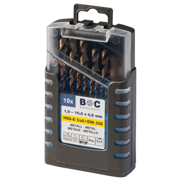 Wiertła do metalu HSS-E Co5, 19-szt. 1,0 - 10,0 x 0,5 mm VE10, DIN 338, kąt 118°, 5xD, typ N, Split Point Bohrcraft (11401410119) Wiertła do metalu HSS-E Co5, 19-szt. 1,0 - 10,0 x 0,5 mm VE10, DIN 338, kąt 118°, 5xD, typ N, Split Point Bohrcraft (11401410119)