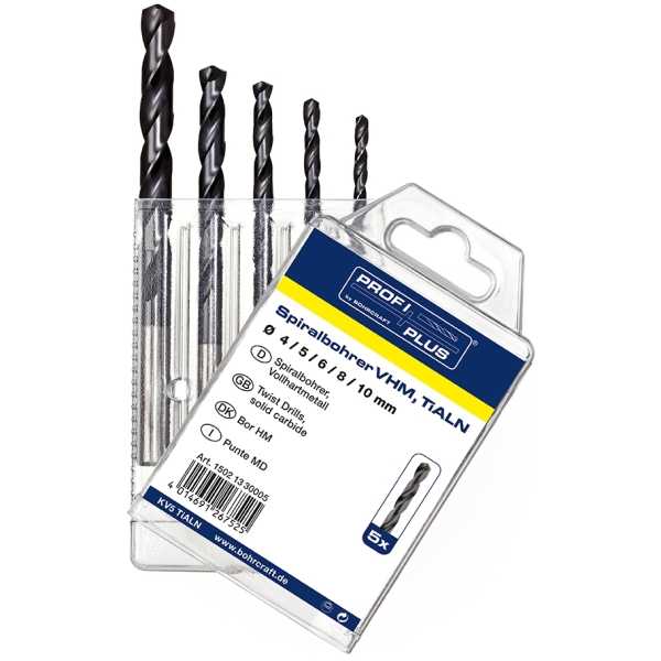 Zestaw wierteł 5-szt. 4-5-6-8-10 mm do metalu, VHM TiAlN, DIN 338, kąt 118°, typ N, Split Point VHM5-TiAlN Bohrcraft Profi-Plus (15021330005) Zestaw wierteł 5-szt. 4-5-6-8-10 mm do metalu, VHM TiAlN, DIN 338, kąt 118°, typ N, Split Point VHM5-TiAlN Bohrcraft Profi-Plus (15021330005)
