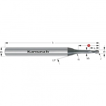 Frez pełnowęglikowy kulisty, z powłoką diamentową, < 25xD, HSC d= 0,40 / r= 0,20 / L3= 6,0 / d2= 6 / Z= 2 DCC 0318