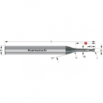 Mikrofrez pełnowęglikowy z powłoką diamentową i promieniem naroża , < 20xD d= 1,00 / r= 0,20 / d2= 4 / L3= 15,0 mm DCC 0