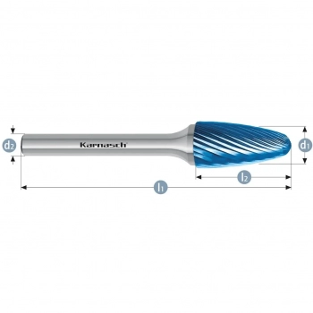 Pilnik obrotowy, węglik, powłoka BLUE-TEC -  RBF/ HP-2 d1=10 / l2=20/ d2=6 / l1=65mm