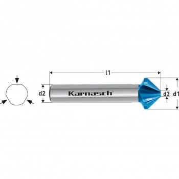 Pogłębiacz 90° niesymetryczne ostrza, stal proszkowa ASP z powłoką BLUE-TEC, uchwyt 3-fazowany, DIN 335 - d=25,0mm