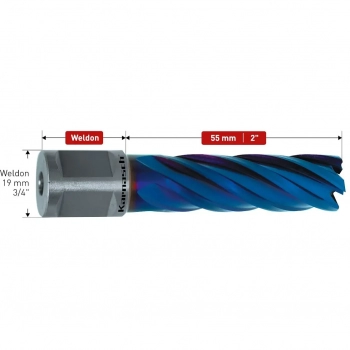 Wiertło rdzeniowe HSS-XE z powłoką DURABLUE, uchwyt Weldon 19mm (3/4"), głębokość wiercenia 55mm, BLUE-DRILL LINE 55 - d