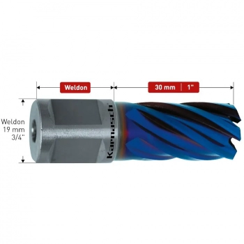 Wiertło rdzeniowe HSS-XE z powłoką DURABLUE, uchwyt Weldon 19mm (3/4"), głębokość wiercenia 30mm, BLUE-DRILL LINE 30 - d