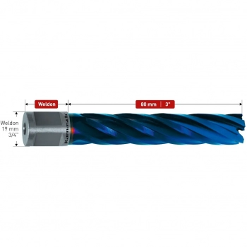 Wiertło rdzeniowe HSS-XE z powłoką DURABLUE, uchwyt Weldon 19mm (3/4"), głębokość wiercenia 80mm, BLUE-DRILL LINE 80 - d