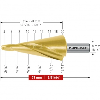 Wiertło stożkowe, HSS-XE z powłoką TiN-GOLD, spiralne, 2 ostrza - d=4-20mm