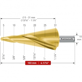 Wiertło stożkowe, HSS-XE z powłoką TiN-GOLD, spiralne, 2 ostrza - d=5-31mm