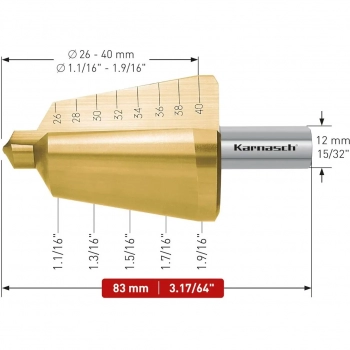 Wiertło stożkowe, HSS-XE z powłoką TiN, proste, 2 ostrza -  d=26-40mm