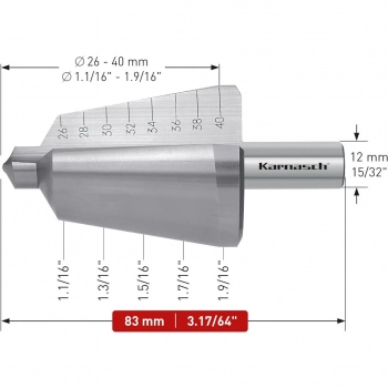 Wiertło stożkowe, HSS-XE, proste, 2 ostrza -  d=26-40mm