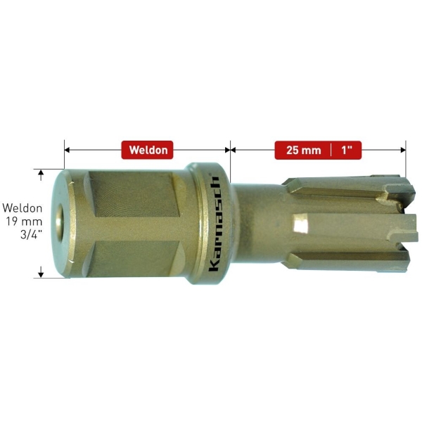 Wiertło rdzeniowe, zęby z węglika, uchwyt Weldon 19 mm (3/4"), głębokość wiercenia 25 mm,  RAIL-LINE PRO 25 - d=14mm