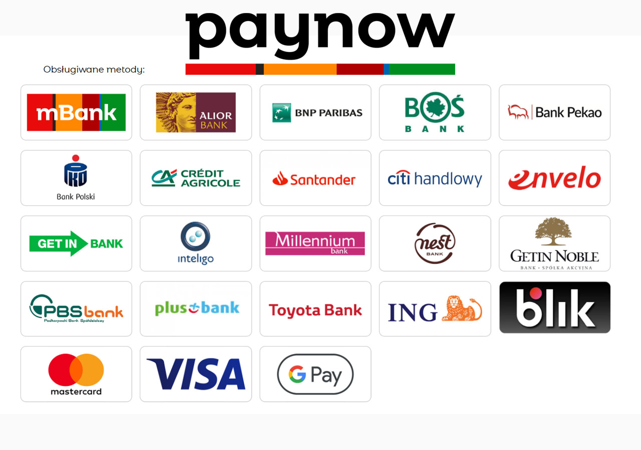 Metody płatności - PayNow, BLIK, Google Pay, Apple Pay, Visa, MasterCard, Maestro - sklep Wiertools.pl